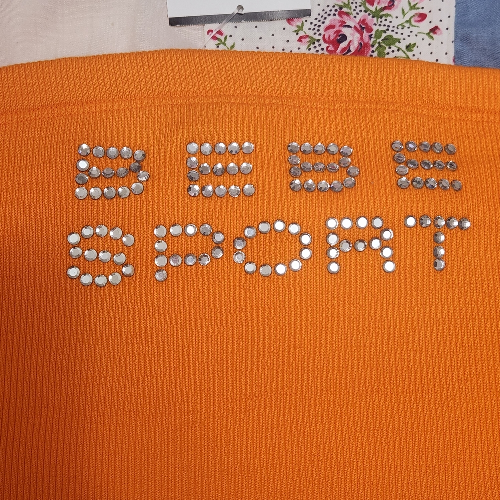 💐Vtg Y2K Bebe Sport Tube Top L Orange Ribbed Rhinestone Bling USA Deadstock - Picture 9 of 14